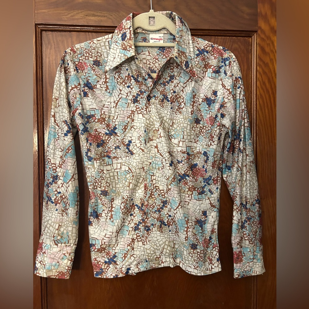 1970's Wrangler Disco Long Sleeve Button Down Dagger Collar Printed Shirt 12